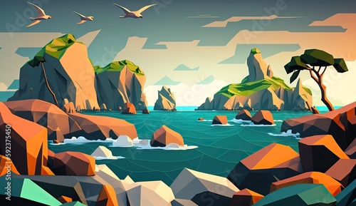 AI Generated. AI Generative. Low Poly cartoon kid style beach sand sea seaside island. Can be used for home decoration or adventure trip inspiration.  Graphic Art Illustration.