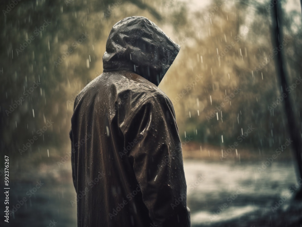 A person standing in the rain, looking sad and contemplative A person standing in the rain, looking sad and contemplative