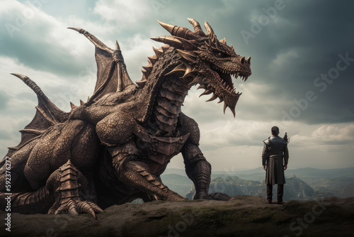 Man stands in front of huge dragon. Legend of battle between brave warrior and monster. Fantasy game world. Created with Generative AI © Lazy_Bear