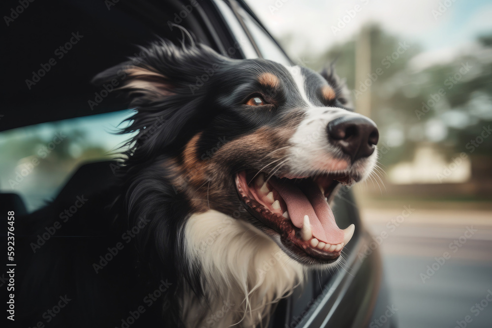 Happy dog looks out from car window. Road trip with dog. Created with Generative AI