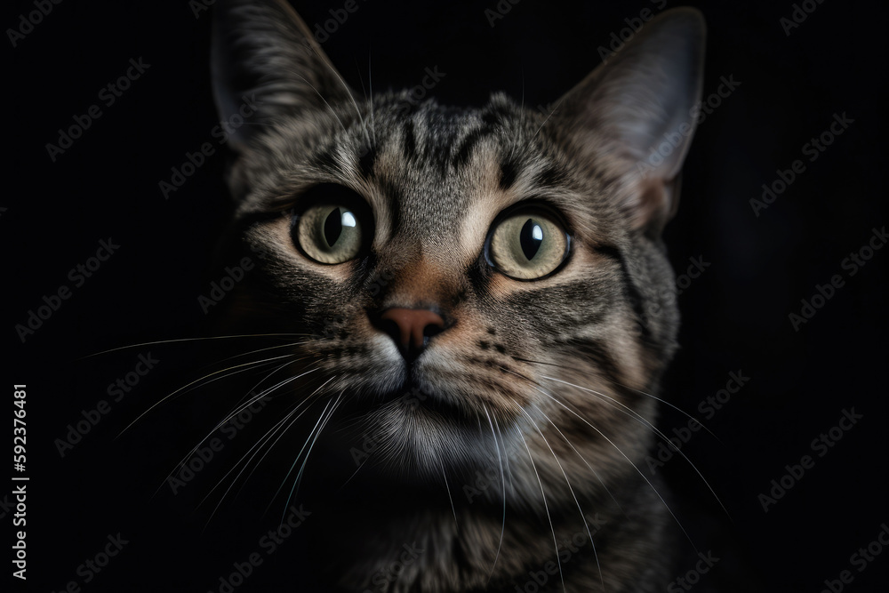 Gray cat portrait on dark background. Cute pet. Created with Generative AI