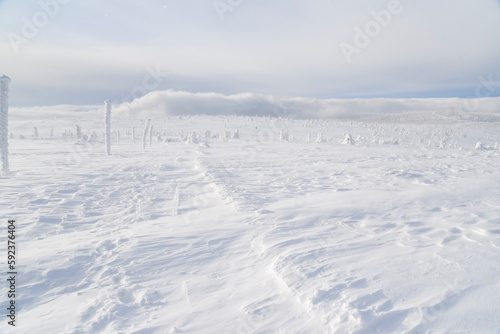 .Karkonosze mountains in winter in Poland. Winter mountain landscape.