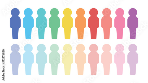 20色で色分けした立っている人型のアイコン･ピクトグラムのセット - カラフル 