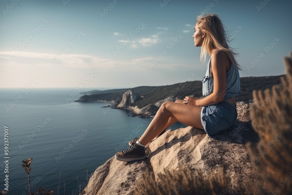 Beautiful young woman sitting on the edge of the cliff while looking at the ocean. Generative AI