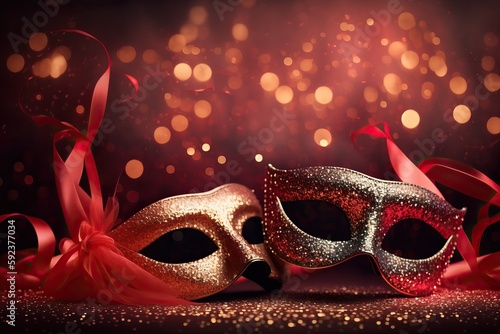 Carnival Party, Venetian Masks On Red Glitter With Shiny sparkle 