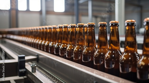 Brown glass beer drink alcohol bottles  brewery conveyor  modern production line. Generative AI