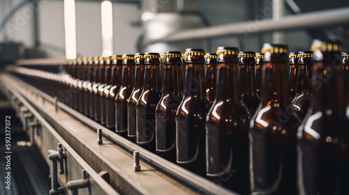 Brown glass beer drink alcohol bottles  brewery conveyor  modern production line. Generative AI