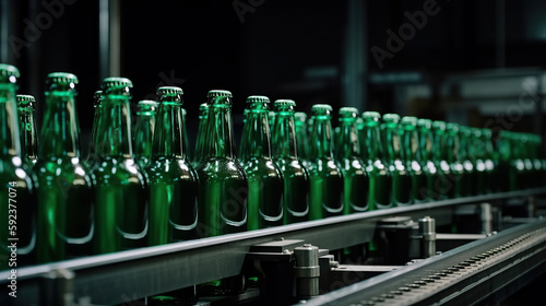 Green glass beer drink alcohol bottles  brewery conveyor  modern production line. Generative AI