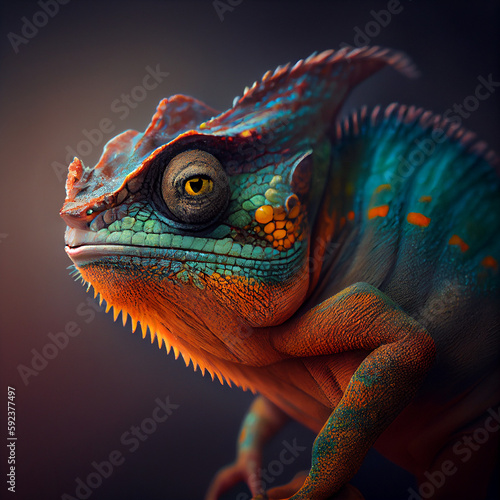 Bright color exotic chameleon, iguana lizard, wildlife reptile portrait, orange and blue skin coloration, generative AI photo