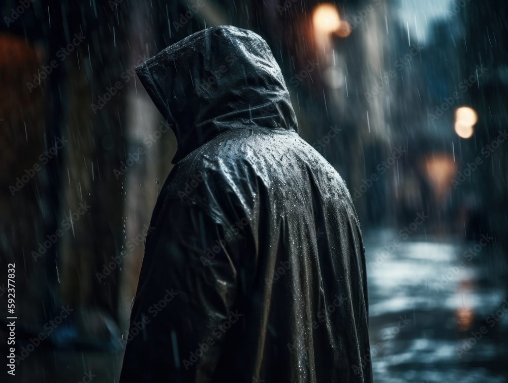 A person standing in the rain, looking sad and contemplative A person standing in the rain, looking sad and contemplative