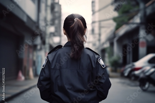 Portrait of an asian police woman in street. Generative AI