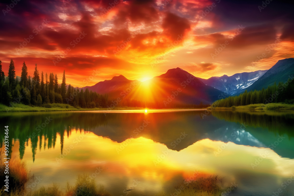 Beauty Sunset over lake. Generative AI