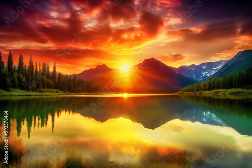 Beauty Sunset over lake. Generative AI © Dantaz