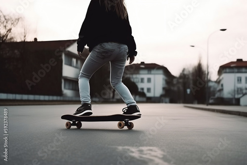 Skateboarder woman jumping on the street. Generative AI