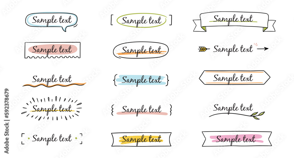 Text title frame handwriting ribbon, square, circle decoration element. Doodle cute title frame simple text box, label, tag. Hand drawn sketch style decoration. Vector illustration. Text title frame handwriting ribbon, square, circle decoration element. Doodle cute title frame simple text box, label, tag. Hand drawn sketch style decoration. Vector illustration.