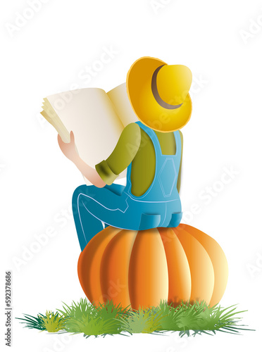 Jardinier  de dos, assis sur une citrouille, qui lit un journal photo