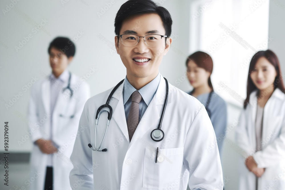 Successful team of medical doctors are looking at camera and smiling while standing in hospital, Created using generative AI tools. Successful team of medical doctors are looking at camera and smiling while standing in hospital, Created using generative AI tools.