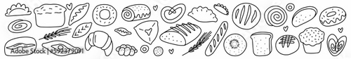 Vector collection of pastries and bread with a doodle-style drawn line
