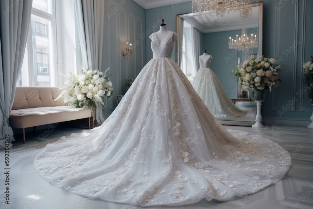 Sweet modern white wedding dress in the luxury room. Super photo realistic background, generative ai illustration Sweet modern white wedding dress in the luxury room. Super photo realistic background, generative ai illustration