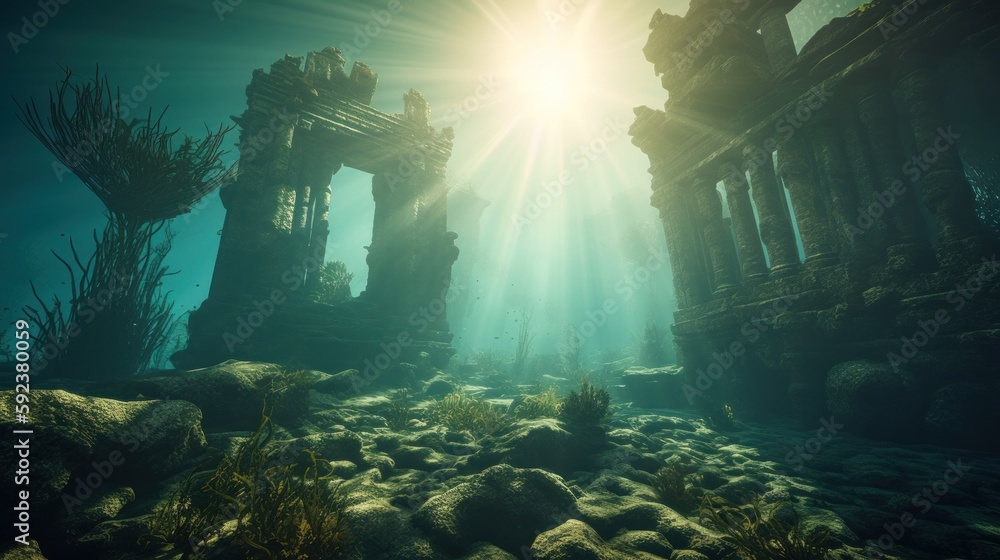 Underwater landscape with ancient ruins and sun rays. Generative AI