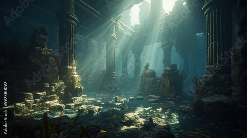 Generative AI of a Fantasy Temple Underwater Scene with Mirror