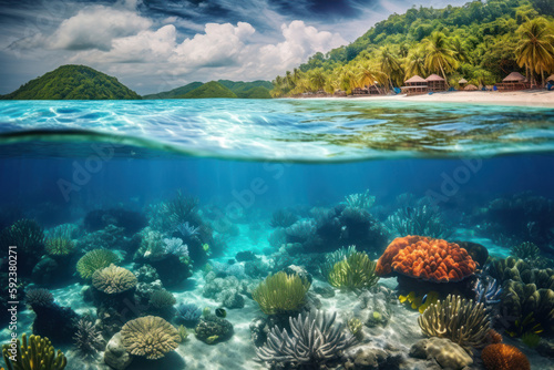 Underwater view of tropical coral reef and sandy beach at Seychelles, Generative AI © LAYHONG
