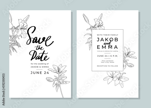 Set of wedding invitation cards. Black and white templates with linear lily flowers. Save the date. Layout design with botanical elements and handwritten typography. Line art