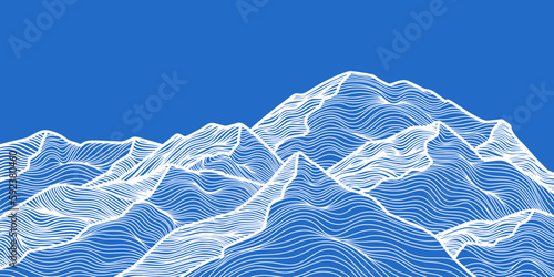 Alpine landscape. Linear Alps with peaks in snow. Banner with mountains. Line art. Linear hills with striped pattern. Minimalist japanese style background design. Vector illustration.