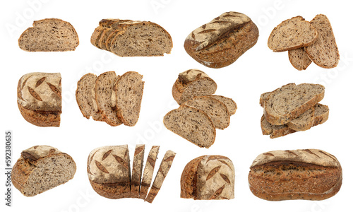 Bakery products for baking sliced. Set of dark bread, top view, isolated on white background
