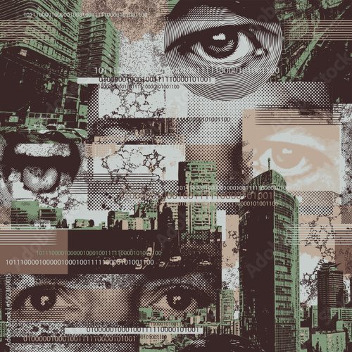 Abstract seamless pattern with human eyes, urban landscapes in grunge texture. Chaotic background on the theme of city life in retro style. Wallpaper, wrapping paper, fabric design