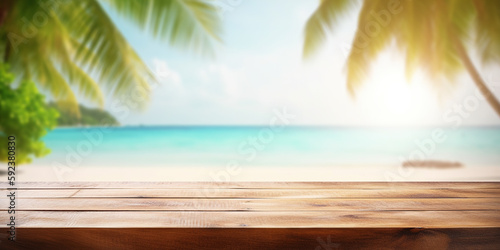 Empty wooden table on a beautiful blured tropical beach background. generative ai. Summer holiday background for product display © Aquir