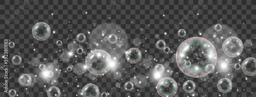 Air soap bubbles on a transparent background .Vector illustration of bulbs. 