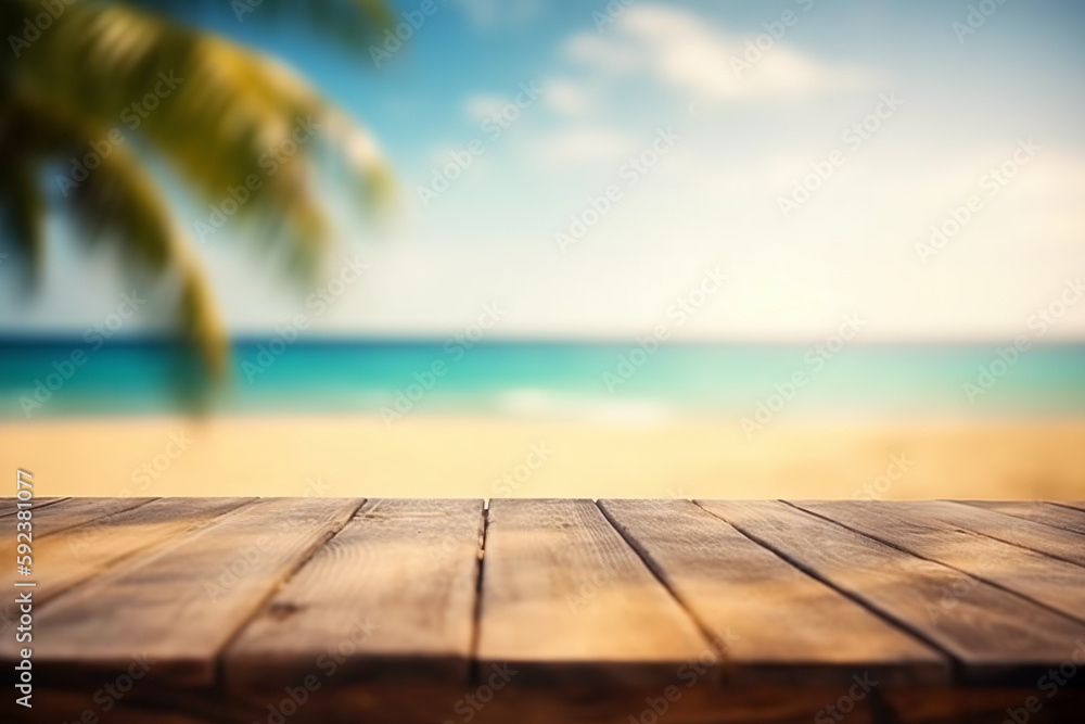 Empty wooden table on a beautiful blured tropical beach background. generative ai. Summer holiday background for product display Empty wooden table on a beautiful blured tropical beach background. generative ai. Summer holiday background for product display
