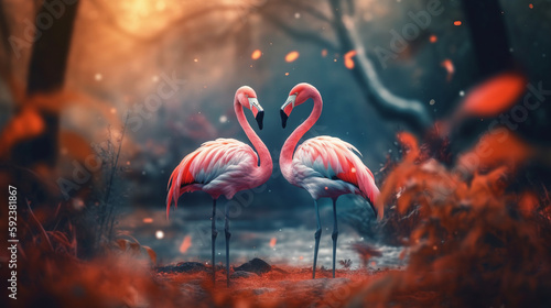 couple of flamingos in the jungle with beautiful vegetation. ai generative photo