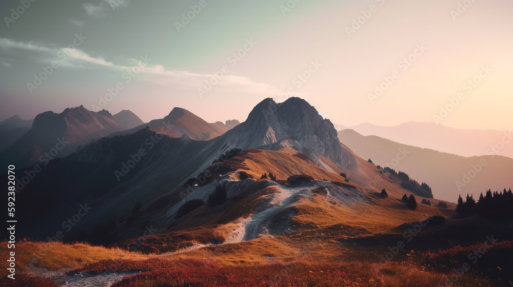 Beautiful mountain landscape with dramatic sky at sunset. ai generative