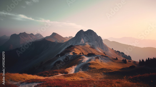 Beautiful mountain landscape with dramatic sky at sunset. ai generative © Oleksandr