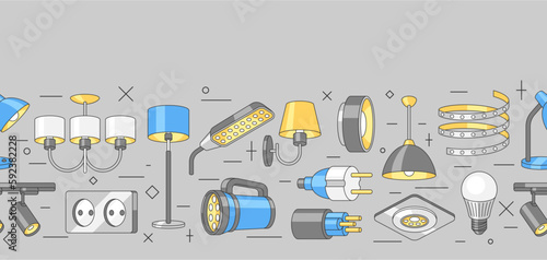 Seamless pattern with electric lightings and lamps. Electrical equipment. Industrial or business design.