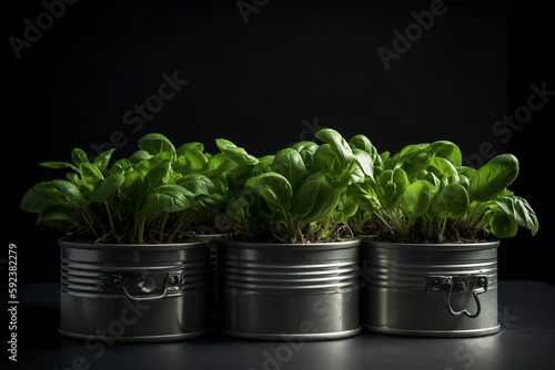 assorted fresh herbs in metal cans. concept. healthy eating concept at home.ai generative photo