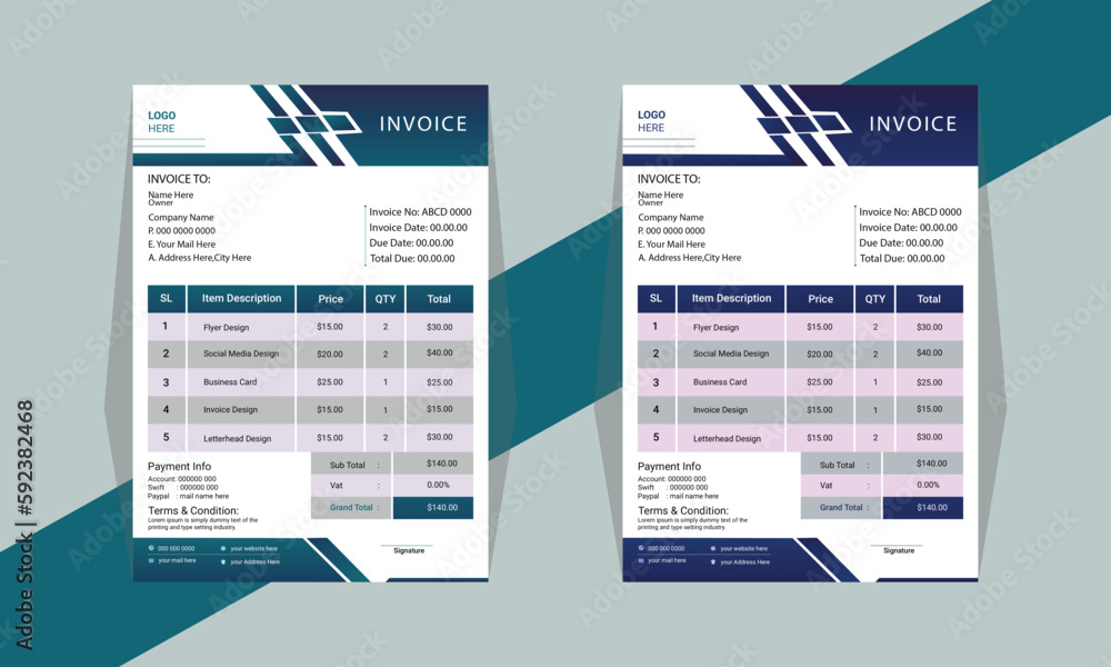 Creative and Unique abstract style business invoice template. Quotation Invoice Layout Template