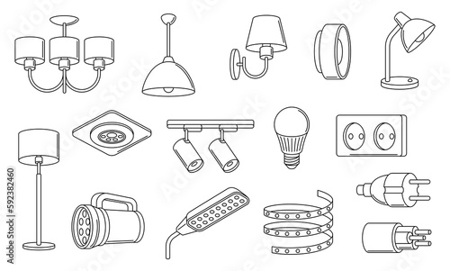 Set of electric lighting and lamps. Electrical equipment. Industrial or business images. Icons for website and shop.