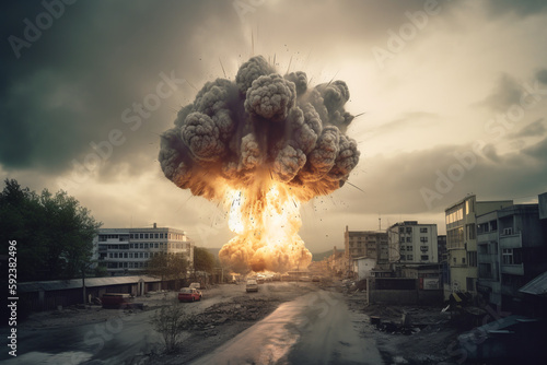 The explosion of a nuclear bomb in the city. ai generative