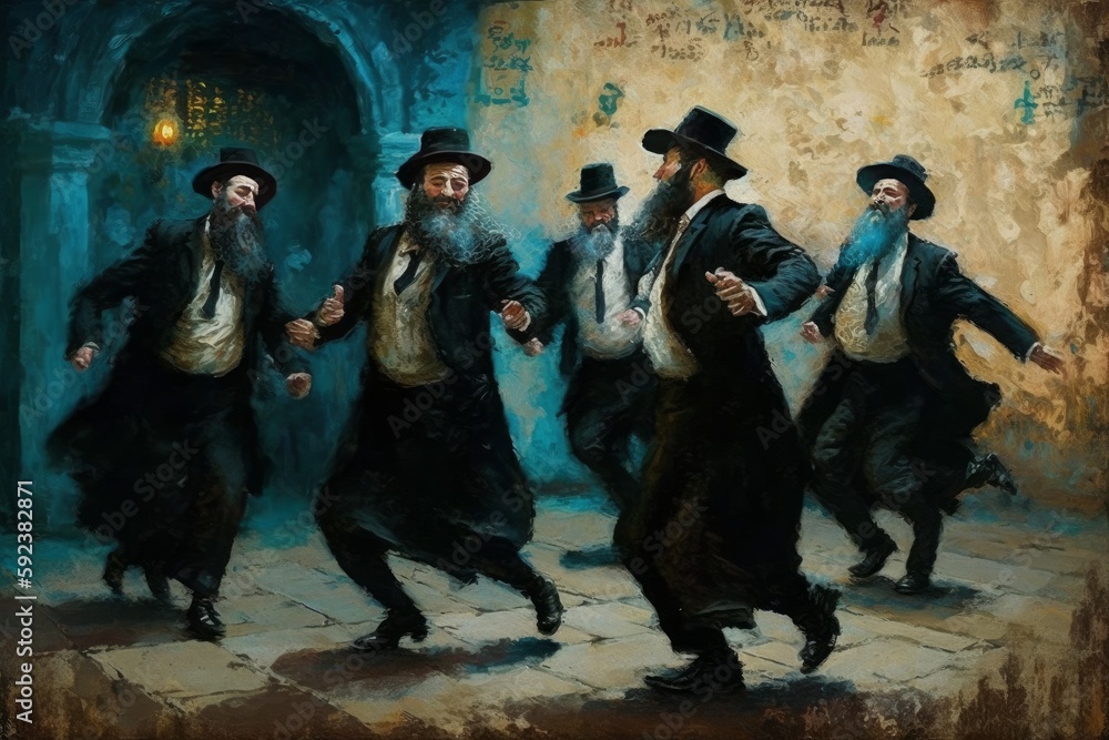 Painting of Chassidic jewish men dancing in Jerusalem AI Generative