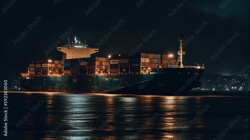 Container cargo ship in the night port, import export commerce transportation and logistic