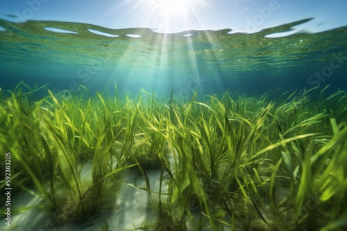Micro Nature and Landscape Eelgrass, long slender leaves, green hues, submerged underwater, swaying motion, shallow coastal waters, sandy seabed, dappled sunlight 4 - AI Generative