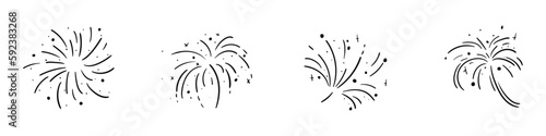 Doodle fireworks in doodle style. Hand drawn celebrate line elements. Festive highlight. Vector isolated illustration