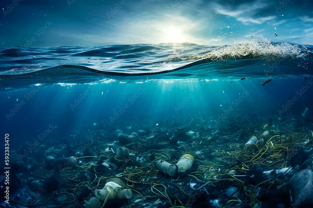 Biodegradation of the marine environment. Plastic trash and other things drifting in the ocean. AI generativ.