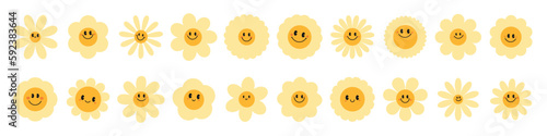 Daisy flowers.Retro chamomile smiles in cartoon style. Happy stickers set from 70s. Vector graphic illustration