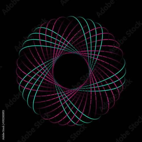 Abstract colorful spectrum light lines weaving pattern in circle shape isolated on black background. Vector illustration in concept technology, science, music, modern. 