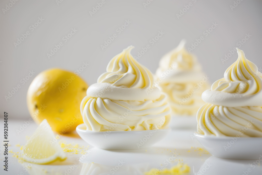 Delicate lemon mousse atop fluffy meringues on white background with copy space. Generative AI Delicate lemon mousse atop fluffy meringues on white background with copy space. Generative AI