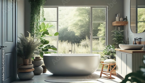 Modern bathroom with bathtub and big windows. AI generated © ArtStage